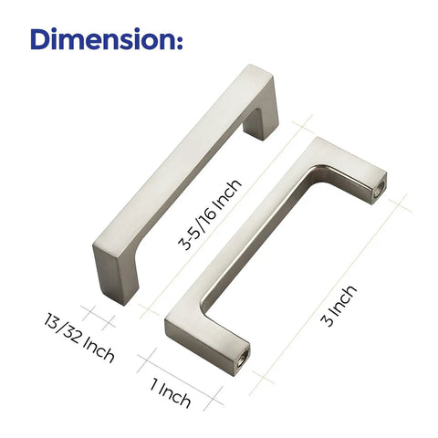 30 Pack Solid 3 Inch Square Cabinet Handles In Brushed Nickel For Drawers And Kitchen Cabinets shown with dimensions.