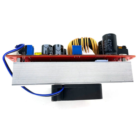Top view of a Beefy 1800W 40A DC To DC Boost Converter Module with built-in fan, visible components, and wiring.