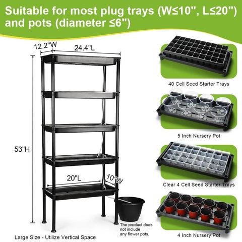 Five Tier Hydroponics Grow System with plant stand, 53-inch height, fits 1020 trays and 3-7 inch pots, durable PVC shelves