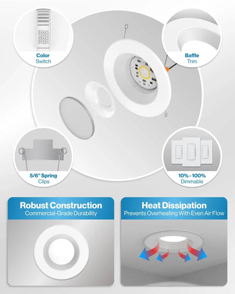 Top Notch 2 Pack 6 Inch Retrofit Led Recessed Lights Featuring Adjustable 5Cct Warm To Cool Tone Dimmable Baffle Trim details.