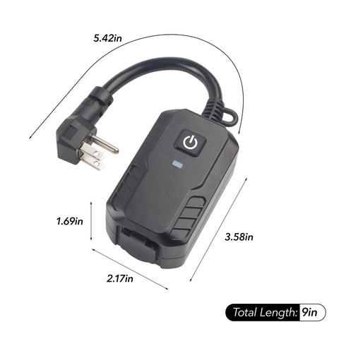 Outdoor Smart Dimmer Plug For String Lights And LED Filament Halogen Lamps Easy App Control Waterproof Works With Google Assistant And Alexa Requires 2.4 GHz WiFi, black with dimensions