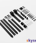 6 Ft Sliding Barn Door Hardware Kit With Black Track, 1 Quarter Inch Carbon Steel Rails, 265 Lb Load Capacity, hardware components