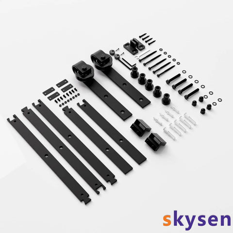 6 Ft Sliding Barn Door Hardware Kit With Black Track, 1 Quarter Inch Carbon Steel Rails, 265 Lb Load Capacity, hardware components