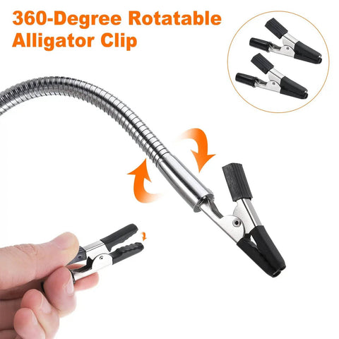 Close-up of 360-degree rotatable alligator clip on soldering helping hands clamp stand with flexible gooseneck arms.