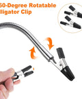 Close-up of flexible gooseneck arm with rotatable alligator clip for Third Hand Soldering Tool Clamp Stand With Flexible Gooseneck Arms And Four Rotatable Alligator Clips For PCB Electronics Repair, Desktop Workbench Setup, Pro Grade Soldering Aid For Hobby Welding And DIYers, 10 Inch Silver.