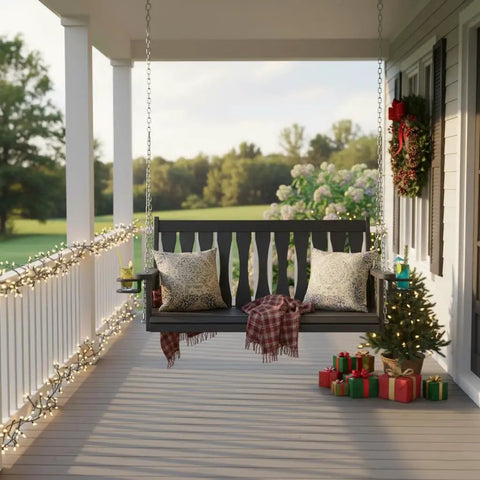 All Weather Outdoor Hanging Porch Swing For Two Seats With Cup Holders Durable Plastic Patio Swing Bench With Chains For Courtyard And Garden Weatherproof And Low Maintenance For Backyards on decorated porch