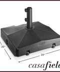 Beefed Up Heavy Duty Outdoor Umbrella Base Fillable To 100 Pounds With Wheels For Easy Move And Stable Support Universal Fit For Patio Lawn Or Pool Deck Umbrellas Up To 10 Feet Black, shown with dimensions 20x20x6.5 inches, casafield logo visible.