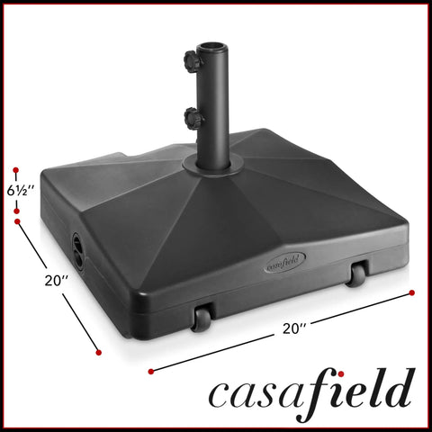 Beefed Up Heavy Duty Outdoor Umbrella Base Fillable To 100 Pounds With Wheels For Easy Move And Stable Support Universal Fit For Patio Lawn Or Pool Deck Umbrellas Up To 10 Feet Black, shown with dimensions 20x20x6.5 inches, casafield logo visible.
