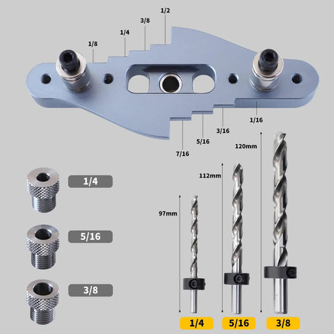 Self Centering Dowel Jig Kit With Line Scriber And Drill Guide For Precise Straight Holes Pro Grade with drill bit sizes.