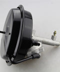 Brake booster with hydraulic master cylinder, side view, black round booster, silver mounting assembly