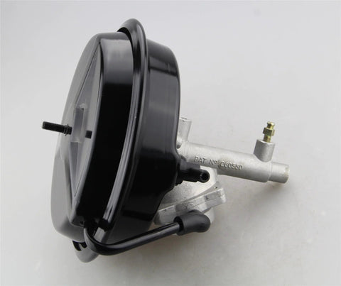 Brake booster with hydraulic master cylinder, side view, black round booster, silver mounting assembly