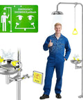 Heavy Duty Combination Emergency Eye Wash Shower Station Forged From Bonafide 304 Stainless Steel For Workplace Safety, wall-mounted with bold sign.