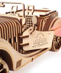 Roadster 3D Wooden Car Kit For Adults, DIY Mechanical Model With Transmission, Plywood Build, Real Working Gear System, Hands-On STEM Toy, Perfect Gift For Car Enthusiasts And Builders, Vintage Style Craft Project, close-up side view