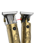 Close-up of USB Charged Electric Hair Clipper For Barbershop And Home Use Metal Body Trimmer with detailed blade and engravings.