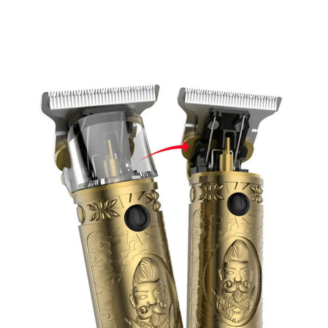 Close-up of USB Charged Electric Hair Clipper For Barbershop And Home Use Metal Body Trimmer with detailed blade and engravings.