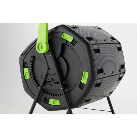 Side view of Dual Compartment 48 Gallon Compost Tumbler With Easy Turning Geared Design For No Fuss Continuous Composting