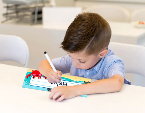 Child using 36 Sea Animals Desk Name Plates For Classroom Kid Friendly Personalized Name Tags For Kids And Students Adhesive Labels