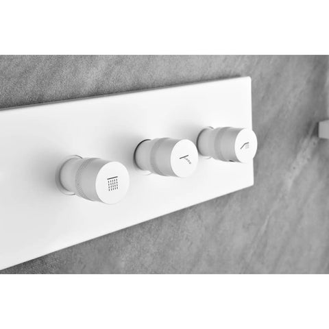 Wall Mounted Waterfall Shower System with Hand Shower control knobs in white, featuring modern design for easy water adjustment.