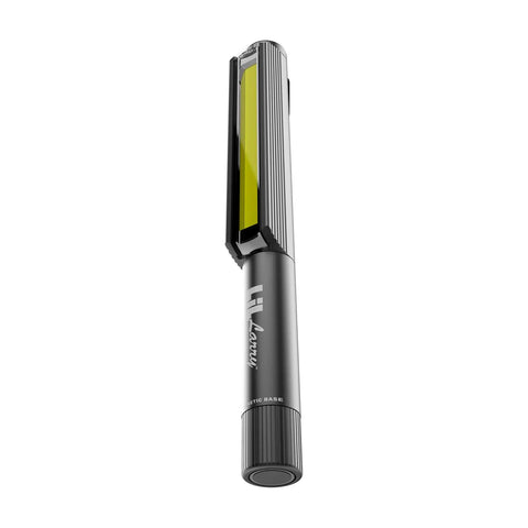 Lil Larry 250 Lumen COB LED Flashlight With Aircraft Grade Aluminum Body, angled view, showing clip and COB LED light