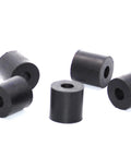 Kill The Vibration Heavy Duty Rubber Spacer Bushings For Machinery Panels showing black rubber standoffs, each 1 inch tall, 1 inch diameter.