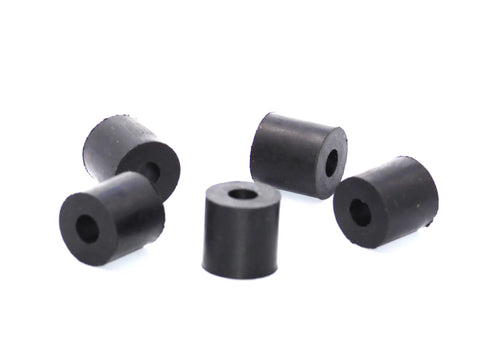 Kill The Vibration Heavy Duty Rubber Spacer Bushings For Machinery Panels showing black rubber standoffs, each 1 inch tall, 1 inch diameter.