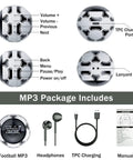 Kid Friendly Soccer Ball MP3 Player With 64GB Storage And Bluetooth 5.0 Built In Speaker FM Radio Recording Pedometer Includes Headphones And Lanyard Perfect Gift For Soccer Fans On Match Day showing buttons and ports with accessories