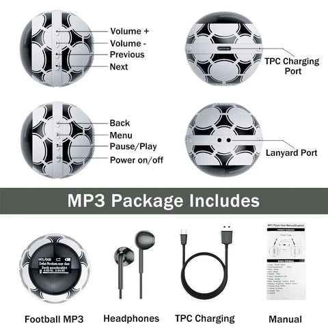 Kid Friendly Soccer Ball MP3 Player With 64GB Storage And Bluetooth 5.0 Built In Speaker FM Radio Recording Pedometer Includes Headphones And Lanyard Perfect Gift For Soccer Fans On Match Day showing buttons and ports with accessories