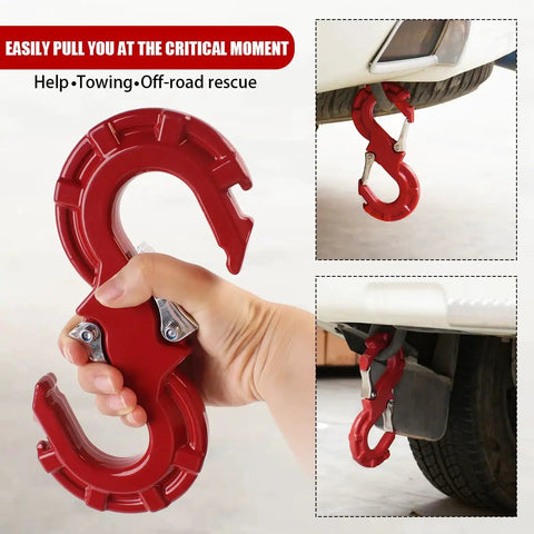 Heavy Duty Quick Release S Hook Tow Shackle 3 Eighths Inch Built Tough For Off Road Recovery 33000 Lbs Break Strength 11200 Lbs Working Load SUV ATV Pickup Truck Trailer Ready For Any Terrain And Heavy Haul, red S-hook on SUV tow point