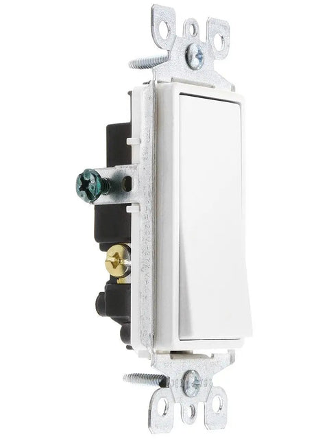 Decora Rocker 3-Way AC Quiet Switch 15 Amp 120/277 Volt, residential grade, white, side view image