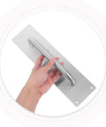 Stainless Steel Sliding Barn Door Pull Handle Set With Geometric Contemporary Look, hand holding a surface-mounted handle