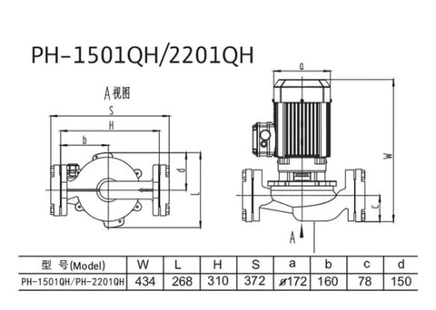 Technical drawing of PH-1501QH/2201QH pump dimensions, showcasing design for Professional Grade Solid Workhorse Booster Drainage Pump PH 2201QH.