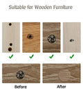 Before and after image of wooden furniture showing screw hole plugs installation with Top Notch 108 Piece Self Adhesive Screw Hole Plugs 20Mm Black Walnut Wood Grain Finish For Furniture Cabinet Wardrobe Desk Decorative Hidden Cap Covers No Sweat Setup.