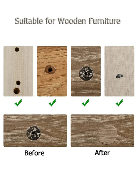 Before and after image of wooden furniture showing screw hole plugs installation with Top Notch 108 Piece Self Adhesive Screw Hole Plugs 20Mm Black Walnut Wood Grain Finish For Furniture Cabinet Wardrobe Desk Decorative Hidden Cap Covers No Sweat Setup.