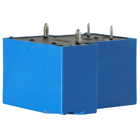 Compact 12V DC General Purpose Relay With 30A NO Switching, Four Pin Coil, Sealed Design in blue housing, side view