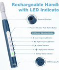 Clean Setup Oral Motor Vibration Kit With Seven Swappable Textured Silicone Heads For Mouth Muscle Tone And Sensory Relief Including Rechargeable Handle And Travel Case: Rechargeable handle showing LED indicator and vibration settings.