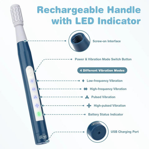 Clean Setup Oral Motor Vibration Kit With Seven Swappable Textured Silicone Heads For Mouth Muscle Tone And Sensory Relief Including Rechargeable Handle And Travel Case: Rechargeable handle showing LED indicator and vibration settings.