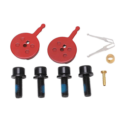 Upgrade Your Ride With This Heavy Duty Disc Brake Kit For Mountain Road And E Bikes Featuring Aluminum Alloy Hydraulic Mechanical Front Rear Setup Rock Solid Stops Tight Grip. Components include red calipers and black screws.