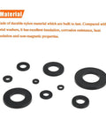 800 Pcs Black Nylon Flat Washers Set Nine Sizes M2 To M12 Insulation Anti Corrosion Plastic Washers Universal Storage Box Kit For Electronics Automotive Appliances And DIY Projects, nylon material