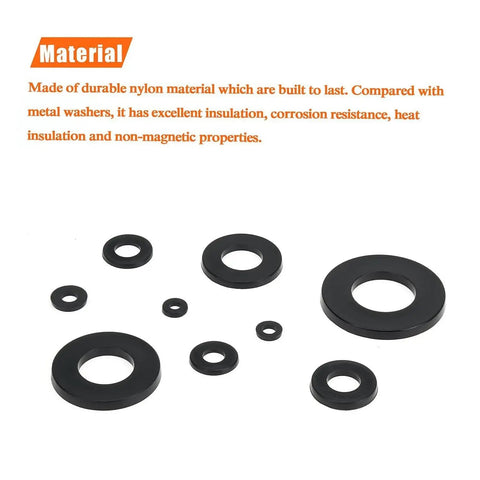 800 Pcs Black Nylon Flat Washers Set Nine Sizes M2 To M12 Insulation Anti Corrosion Plastic Washers Universal Storage Box Kit For Electronics Automotive Appliances And DIY Projects, nylon material