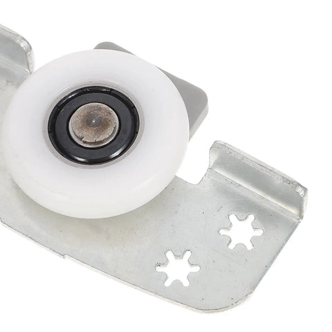 Heavy Duty Sliding Door Wheels For Cabinets And Closets 2 Pack Adjustable Iron Rollers with white wheel and silver mount.