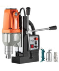 Brm35 50mm Magnetic Drill Press With Rocker Lever Electric Bench Drilling Rig Machine For Engineering Steel Structure Featuring 980W Copper Motor And 680Rpm Speed. Close-up of drill press with motor, controls, and accessories.
