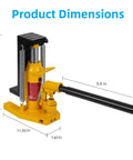 Heavy Duty Hydraulic Toe Jack Delivering Solid 20 Ton Lift With Easy Squeeze Pump For Farm Rigs And Garage Builds Built Like A Brick House In Safety Yellow Color, dimensions shown.
