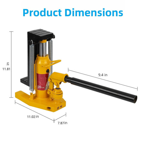 Heavy Duty Hydraulic Toe Jack Delivering Solid 20 Ton Lift With Easy Squeeze Pump For Farm Rigs And Garage Builds Built Like A Brick House In Safety Yellow Color, dimensions shown.