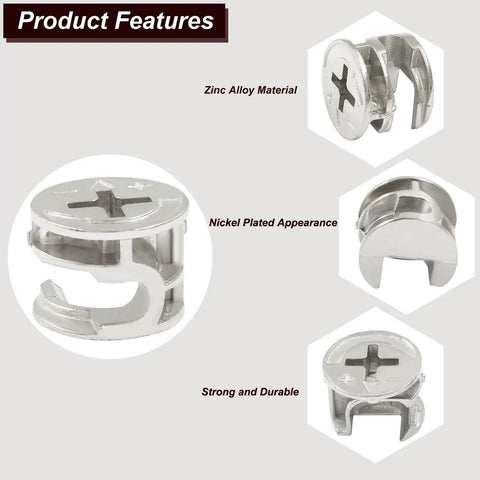 Heavy Duty Zinc Alloy Cam Lock Fasteners 20 Pack With Knockout Grip showing nickel plated connector detail for cabinet assembly.