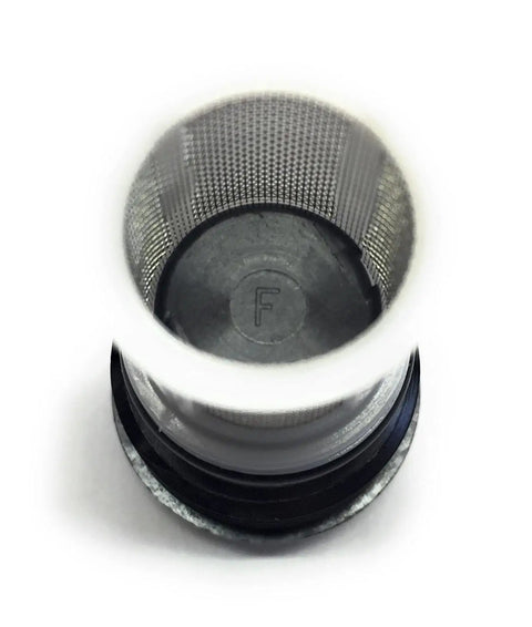 Top view of tankless water heater inlet screen assembly for H98 510 S drop in replacement in black finish