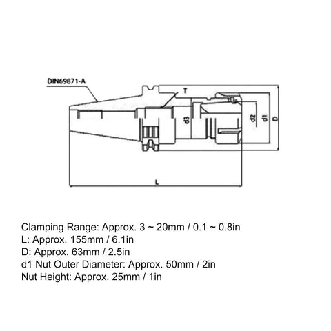 Technical diagram of Milling Tool Holder SK40 ER32 Interface, 100mm Length, 0.05mm Precision, 20CrMnTi Steel