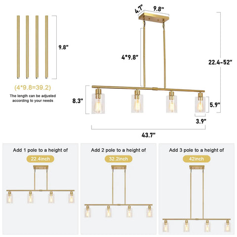 Modern Gold Kitchen Island Chandelier 4 Light Dope Brushed Brass Farmhouse Pendant diagram with adjustable heights