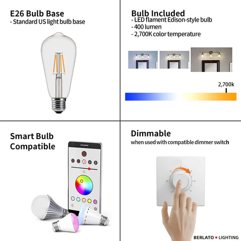Infographic showing E26 bulb base, LED filament Edison bulb, dimming feature, and smart bulb compatibility for sconces.