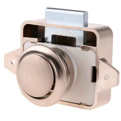 Keyless Push Button Latch for RV cabinets and camper van drawers, chrome zinc alloy locks, spring pop button design, DIY friendly