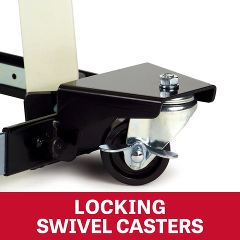 Close-up of locking swivel casters on Universal Mobile Base for Workshop Machines, Adjustable From 18x18 In To 28x28 In, 600 Lb Capacity